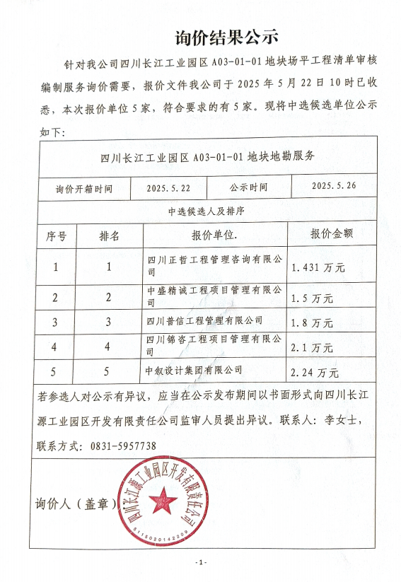 詢(xún)價(jià)結(jié)果公示